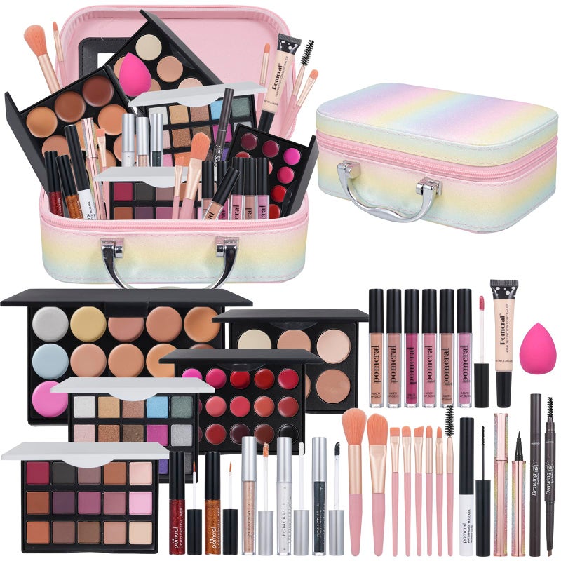 Pomcral All In On Makeup Kit Makeup Set For Teens Women Girl and Beginners Includes Eyeshadow Concealer Palette Lip Gloss Set Lipstick Eye Pencil Makeup Brushes